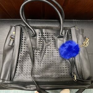 Elegant Black Handbag with Blue Pom Charm